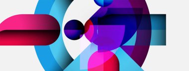 Üst üste binen renkli şekiller içeren soyut bir kompozisyon. Canlı maviler, morlar, pembeler dinamik görsel efektler yaratır. Modern tasarım.