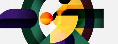 Soyut kompozisyon üst üste binen renkli şekiller içerir. Çemberler, kıvrımlar, gradyanlar dinamik görsel ilgi yaratır. Modern tasarım, canlı renkler.