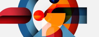 Soyut kompozisyon. Geometrik şekiller örtüşür, dinamik görsel efekt yaratır. Renkler kırmızı, turuncu, mavi, gri. Modern tasarım.