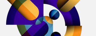 Kavisli şekiller, canlı renkler, üst üste binen formlar içeren soyut bileşim. Modern tasarım, dinamik etkileşim, görsel uyum.