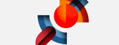 Soyut şekiller örtüşür, dinamik bileşim yaratır. Kırmızı küre merkeze hükmediyor, mavi ve turuncu renklerle tamamlanıyor. Modern tasarım.