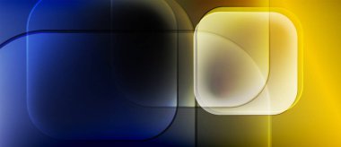 Soyut kompozisyon. Mavi, sarı renkler karışır. Yuvarlak dikdörtgenler örtüşüyor, dinamik görsel etki yaratıyor. Minimalist tasarım, modern estetik.