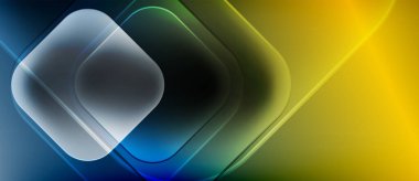 Soyut geometrik tasarım. Üst üste binen kareler, gradyanlar, parlak sarı, mavi renkler modern görsel efektler yaratır. Minimalist kompozisyon.