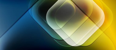 Soyut kompozisyon. Üst üste binen yuvarlak kareler dinamik görsel efekt yaratır. Renkler mavi, sarı, yeşil. Yumuşak eğimler, modern tasarım.