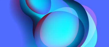 Üst üste binen küreler içeren soyut bileşim. Canlı maviler, morlar dinamik görsel efektler yaratır. Yumuşak eğimler ışığı, derinliği gösterir.