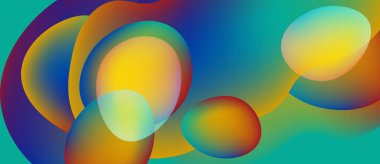 Soyut renkli şekiller örtüşüyor, canlı gradyanlar yaratıyor. Sarı, turuncu, mavi renkler arasındaki pürüzsüz geçişler kompozisyona hakim..