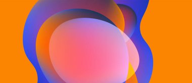 Soyut renkli şekiller örtüşüyor, canlı gradyanlar yaratıyor. Turuncu arkaplan karşıtlık sağlar. Yumuşak geçişler sıvı formlarını tanımlar.