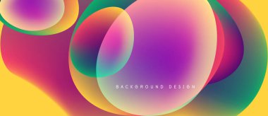 Soyut renkli örtüşen daireler canlı bir zemin oluşturur. Pürüzsüz gradyanlar sarı, mor, pembe, turkuaz renkleri harmanlarlar. Modern tasarım ögesi.
