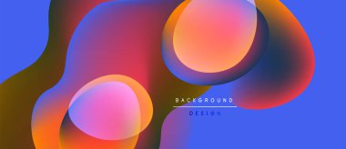 Soyut sıvı şekilleri örtüşür ve canlı renk değişimleri yaratır. Mavi arka plan pembeleri, portakalları, kırmızıları tamamlıyor. Modern tasarım ögesi.