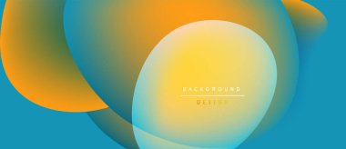 Soyut sıvı şekilleri canlı turuncu, sarı ve turkuaz renkleri harmanlıyor. Modern tasarım üst üste binen katmanlar, yumuşak eğimler, metin ögeleri.