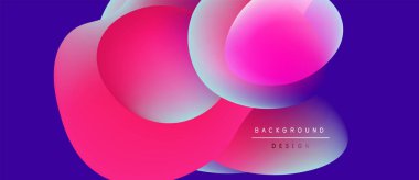 Soyut sıvı şekilleri örtüşür, canlı pembeler, maviler yaratır. Arka plan koyu mor. Tasarım hareketi, enerjiyi öneriyor. Modern estetik.
