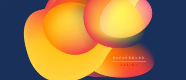 Soyut sıvı şekilleri örtüşür, parlak turuncu ve sarı renkler yaratır. Koyu mavi arka plan karşıtlık sağlar. Modern tasarım ögesi.