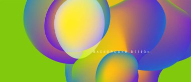 Soyut, canlı çemberler yeşil arkaplanla örtüşüyor. Akışkan şekiller dinamik renkli bileşimler oluşturur. Modern tasarım ögesi.