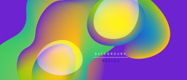 Soyut sıvı şekilleri canlı renkleri harmanlar. Mor arka plan sarı, yeşil ve mavi renkleri destekler. Modern tasarım ögesi.