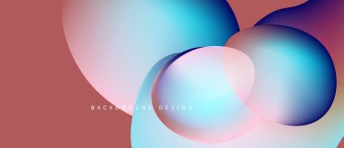 Soyut sıvı şekilleri örtüşür ve canlı renk değişimleri yaratır. Şeftali arkaplanı mavi ve pembe renkleri tamamlar. Modern tasarım ögesi.