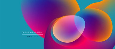 Soyut, enerjik bir arkaplan. Üst üste binen daireler sıvı şekiller oluşturur. Mor, pembe, turuncu, turkuaz renkler. Modern tasarım ögesi.