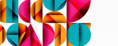 Geometrik şekiller çakışıyor, renkli soyut desenler oluşturuyor. Kalın tasarım daireler, üçgenler, kareler içerir. Modern estetik.