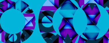 Soyut geometrik şekiller, canlı maviler, morlar dinamik bileşimler yaratır. Dairesel biçimler kesişiyor, karmaşık desenler oluşturuyor. Modern tasarım.