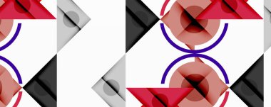Soyut geometrik desen. Kırmızı, gri, mor şekiller tekrar ediyor. Üçgenleri, daireleri, kareleri olan minimalist tasarım. Temiz çizgiler, modern estetik..
