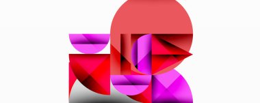 Soyut geometrik bileşim. Şekiller örtüşüyor, dinamik görsel ilgi yaratıyor. Kırmızı, pembe renkler beyaz arkaplana hakim. Modern tasarım.