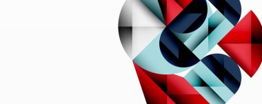 Soyut geometrik şekiller, kırmızı, mavi, cyan. Keskin açılı minimalist tasarım, temiz çizgiler, beyaz arka plan. Modern kompozisyon.