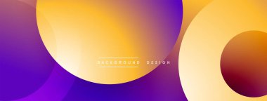 Soyut gradyanlar mor, turuncu renkleri harmanlarlar. Üst üste binen daireler dinamik görsel efekt yaratır. Metin arka plan tasarımı okur. Modern, canlı kompozisyon.