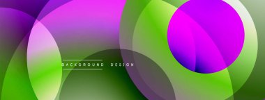 Soyut, enerjik çemberler çakışıyor. Yeşil, mor renkler modern arka plan tasarımını oluşturur. Yumuşak gradyanlar dinamik görsel efekt sunar.