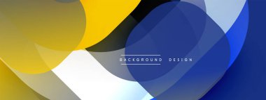 Soyut şekiller örtüşüyor, canlı renk değişimleri yaratıyor. Sarı, mavi, beyaz tonlar tasarımda baskın. Modern estetik, basit metin mevcut.