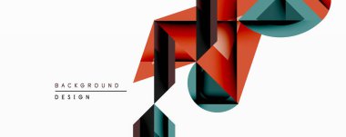 Soyut geometrik tasarım üst üste binen şekiller içerir. Kırmızı, deniz mavisi, siyah renkler dinamik bileşim oluşturur. Minimalist biçim arka planlar ve modern grafikler için uygun.