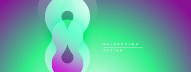Soyut gradyan tasarım, üst üste binen daireler, akışkan şekiller yaratır. Canlı mor, yeşil renkler kompozisyona hakim. Minimalist stil.