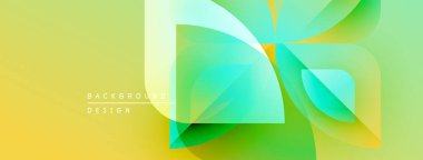 Soyut geometrik şekiller, canlı sarı ve yeşil renkleri harmanlarlar. Modern tasarım akıcılık, enerji, pozitif titreşimler öneriyor. Arkaplanda metin ögeleri.