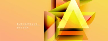 Soyut geometrik tasarım. Turuncu, sarı eğimler üçgen şeklinde katmanlar oluşturur. Dijital projeler için modern arkaplan.