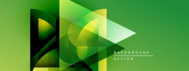 Soyut geometrik şekiller örtüşür, dinamik yeşil gradyan arkaplan oluşturur. Modern tasarım elementleri yenilik ve teknoloji öneriyor.