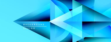 Soyut geometrik şekiller örtüşerek dinamik mavi gradyan arkaplan oluşturur. Modern tasarım elementleri teknoloji ve yenilik öneriyor.