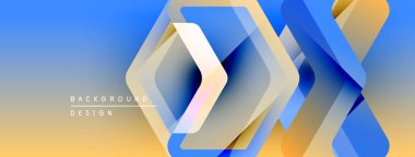 Soyut geometrik tasarım. Mavi, altın renkleri dinamik katmanlı şekiller yaratır. Dijital projeler için modern arkaplan.