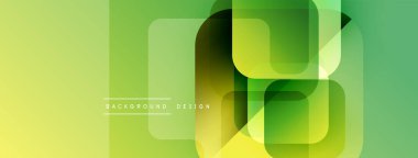 Soyut geometrik şekiller örtüşerek canlı yeşil gradyan oluşturur. Modern tasarım elementleri teknoloji ve yenilik öneriyor.