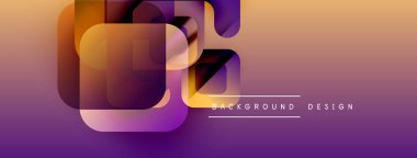 Soyut geometrik şekiller örtüşür, canlı bir gradyan arkaplan oluşturur. Mor, turuncu renkler tasarımda baskın. Modern estetik.