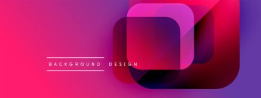 Canlı soyut tasarım özellikleri üst üste binen kareler, gradyanlar. Pembe, mor renkler kompozisyona hakim. Metin arkaplan tasarımı okur.