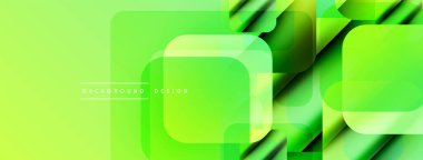 Soyut yeşil tasarım. Üst üste binen kareler, dikdörtgenler dinamik bileşim oluşturur. Işık eğimleri, gölgeler derinlik ve görsel ilgi ekler.