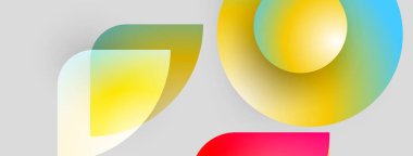 Soyut şekiller örtüşüyor, canlı renk değişimleri yaratıyor. Yumuşak renkler gri arkaplana karşı daha parlak tonlara karışır. Modern tasarım.