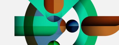 Üst üste binen daireler, dikdörtgenler içeren soyut bir kompozisyon. Teal, kahverengi, mavi renkler dizaynda baskın. Modern, minimalist estetik.