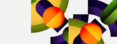 Soyut geometrik bileşim. Parlak renkler, daireler, dikdörtgenler kesişiyor. Modern tasarım, canlı renkler dinamik görsel efekt yaratır.