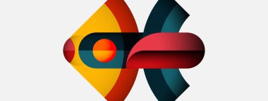 Soyut geometrik tasarım. Üst üste binen şekiller dinamik bileşim yaratır. Beyaz arka plana karşı sıcak ve serin renkler. Modern, minimalist stil.