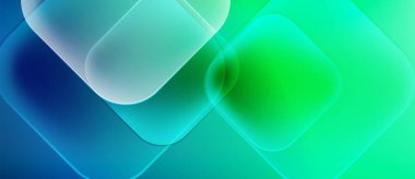 Yarı saydam kareler, dikdörtgenler içeren soyut bir kompozisyon. Renkler maviden yeşile karışıp yumuşak görsel efekt oluşturur..