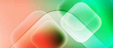 Soyut arkaplan özellikleri üst üste binen yuvarlak kareler. Renkler mercandan yeşile karışıp yumuşak eğimler oluşturur. Minimalist tasarım.