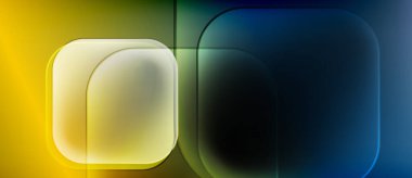 Soyut geometrik şekiller, yuvarlak dikdörtgenler, sarı, mavi, gök mavisi gradyanlar. Minimalist tasarım, modern estetik, koyu arkaplan.