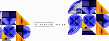 Soyut geometrik şekiller, mavi, turuncu, beyaz. Modern tasarım elementleri dinamik bileşim yaratır. Minimalist stil, temiz hatlar.