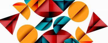 Soyut geometrik şekiller örtüşür, dinamik bileşim yaratır. Çemberler, üçgenler, kareler koyu renk paleti sunar. Minimalist tasarım.