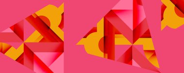 Soyut geometrik bileşim. Kırmızı, turuncu şekiller pembe arka planla örtüşüyor. Modern tasarım, canlı renkler, keskin açılar.