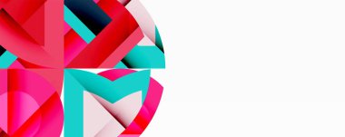 Soyut geometrik şekiller, canlı renkler, pembeler, döşemeler, kırmızılar. Negatif alanlı modern tasarım, temiz estetik.